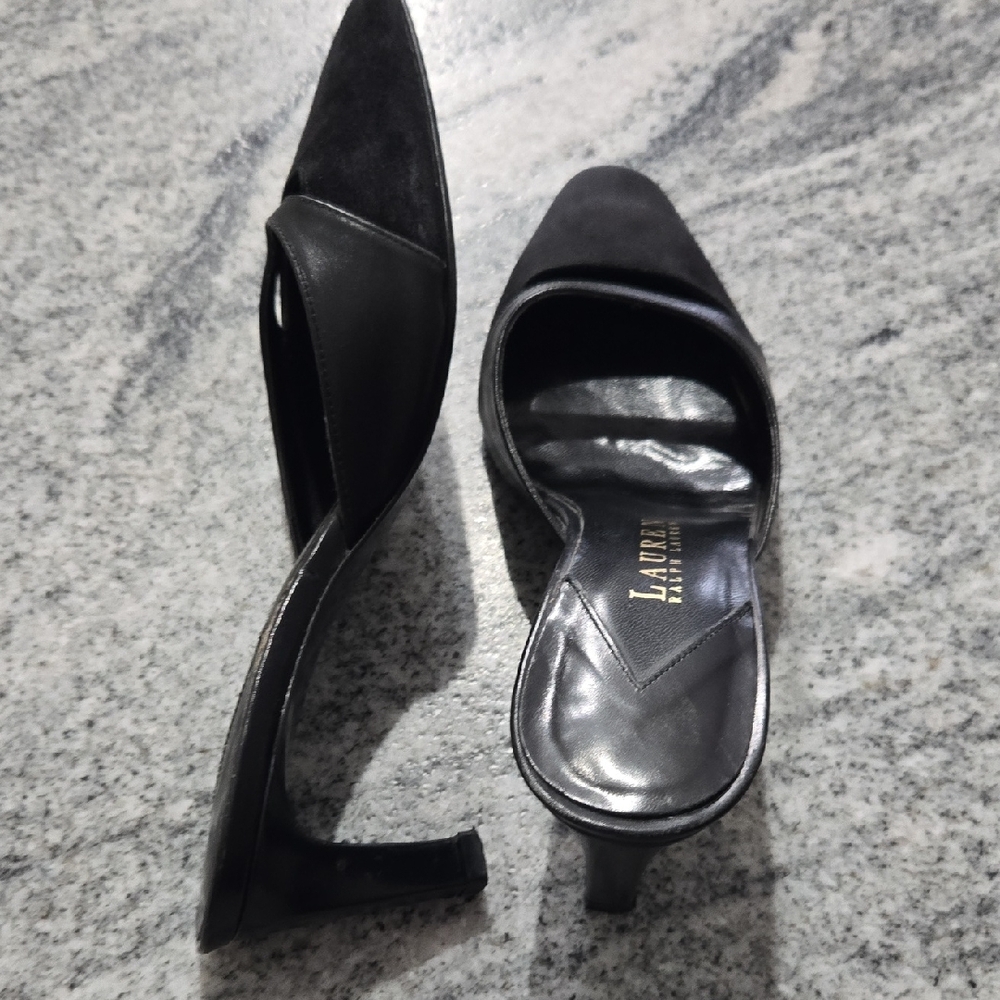 Lauren Ralph Lauren Women's 5.5 Black Suede & Leather Kitten Heel Mules - Picture 8 of 16
